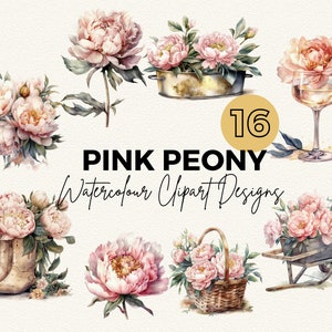 Pink Peony Clipart | Watercolour Pink Peonies Clip Art | Digital Image Downloads |  Card Making | Scrapbook | Junk Journal | Paper Crafts