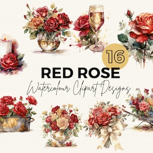 Red Rose Clipart | Watercolour Red Rose Clip Art | Digital Image Downloads |  Card Making | Scrapbook | Junk Journal | Paper Crafts