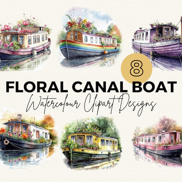 Watercolour Floral Canal Boat Clipart | Floral Narrow Boat Cliparts | Clipart Bundle | Watercolor Clipart | Buildings Clipart | PNG Clipart