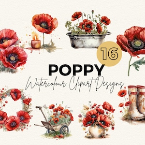 Clipart coquelicot rouge | Clipart de coquelicots rouges aquarelle | Téléchargements d'images numériques | Fabrication de cartes | Album | Journal indésirable | Artisanat en papier