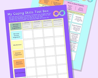 May include: Purple and yellow printable worksheet with the title "My Coping Skills Tool Box". The worksheet is divided into a grid with rows labeled "Nervous System Regulation", "Mindfulness", "Emotion Regulation", "Distress Tolerance", "Self-Soothing", and "Distraction". Each column is labeled with a different coping skill, such as "Breath of Fire", "Top Breathing", "Anxiety/Panic", "Under-stimulated", "Sensory Overload", and "4,7,8 Breathing".