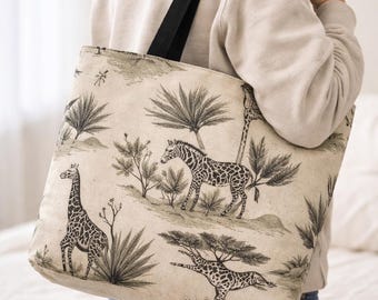 サファリプリントキャンバストートバッグ – 内ポケット付き大型デイリーショッパー | ノートパソコン用トートバッグ | 再利用可能なマーケットバッグ
