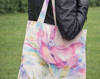 花柄生地トートバッグ | 毎日使えるショルダートート | 軽量で再利用可能なショッパー | ボタニカルプリントバッグ | ハンズフリーで持ち運びできるトートバッグ