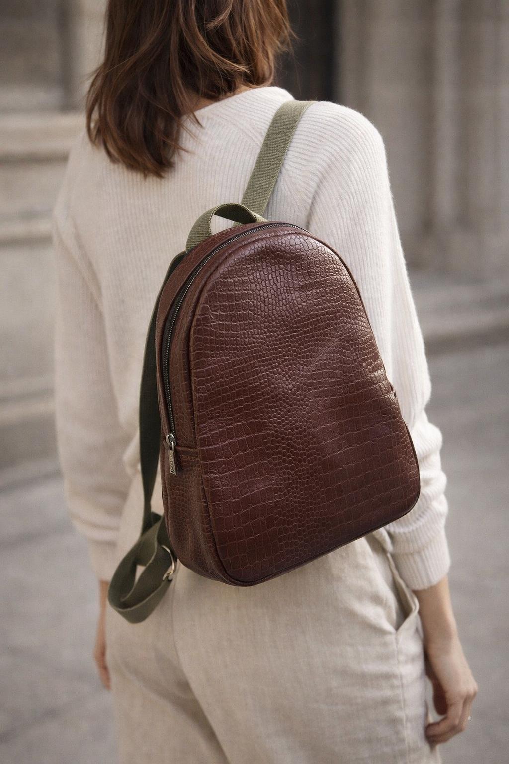 Sophisticated Brown Crocodile-Embossed Backpack glen Miller Ann Turk Elegant Brown Crocodile-Embossed  main image 4