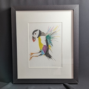 Puffin in flight print in watercolour