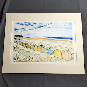 beach huts Whitby coast mounted in crayon