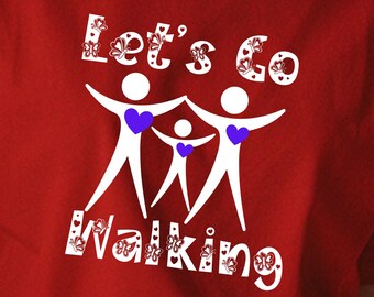 Let's Go Walking Graphic Tee with Purple Hearts, Cute Stick Figure Design Tee - Great for Family Outings & Trail Adventures, Gildan 5000 Tee