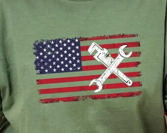 Patriotic Plumber T-Shirt, Rustic American Flag Wrenches Graphic Tee, Plumber T Shirt, Construction Worker Gift, USA Pride Gildan 5000 Tee