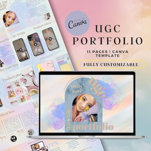 May include: A laptop screen displaying a colorful graphic design with the text "UGC Portfolio" and the words "Meily Katt" in a pink circle. The background is a pink and blue watercolor design.