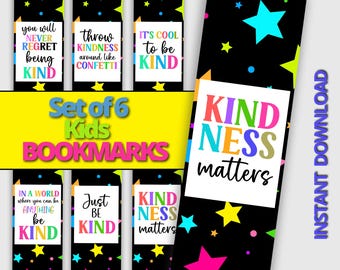 Set of 6 Kindness Bookmarks for Kids, Motivational Bookmarks, Make Reading Fun, Kids bookmarks, digital bookmarks to download