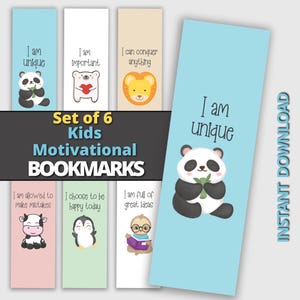May include: Set of six colourful bookmarks featuring cute animal illustrations and positive affirmations for children. The affirmations include "I am unique", "I am important", "I can conquer anything", "I am allowed to make mistakes", "I choose to be happy today", and "I am full of great ideas".