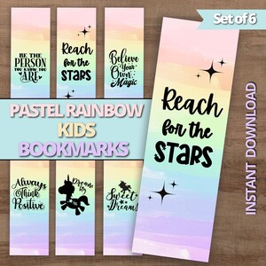 Set of 6 Digital Bookmarks for Kids, Rainbow Dreams, Make Reading Fun, Cute Kids Bookmarks