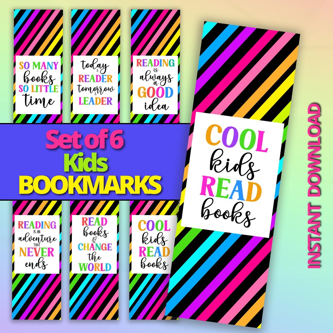 Kids Bookmarks, Set of 6 Neon Stripe Bookmarks (digital Download) - Etsy
