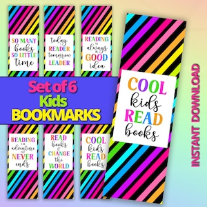 Set of 6 Reader Bookmarks for Kids, Neon Stripe Motivational Bookmarks, Make Reading Fun, Kids bookmarks, digital bookmarks to download