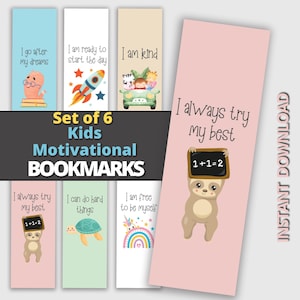 Może przedstawiać: Zestaw sześciu kolorowych zakładek z motywacyjnymi przesłaniami dla dzieci. Każda zakładka zawiera inną ilustrację zwierzęcia i pozytywne przesłanie, takie jak "Idę za swoimi marzeniami" lub "Jestem miły".