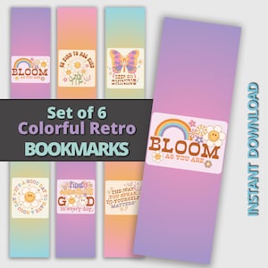 Set of 6 Retro Kids Bookmarks,  Motivational Bookmarks, Kids bookmarks, digital bookmarks to download
