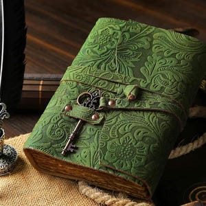 Handmade Green Leather Journal, Antique Deckle Edge Paper, Embossed Book of Shadows