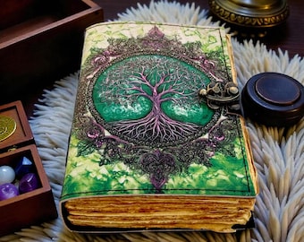 Tree of Life 400 Page Grimoire Vintage leather journal, Blank spell book of shadows