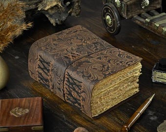 Embossed Leather Grimoire, 400 Page Antique Deckle Edge Book of Shadows
