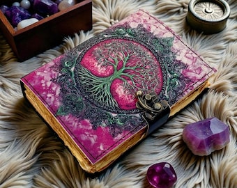 Tree of Life 400 Page Grimoire Vintage leather journal, Blank spell book of shadows
