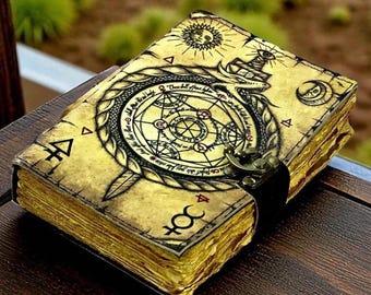 Leather Grimoire Journal: Vintage Spell Book of Shadows, Celestial Emboss, 400 page antique gift for him/her