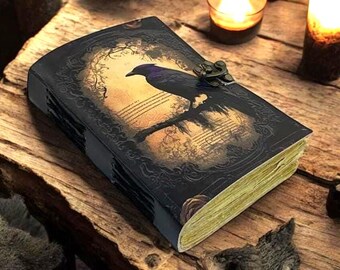 Large Raven Leather Grimoire, Vintage Spell Book of Shadows