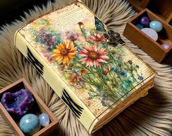 Multi-Color Flower Leather Journal Book of Shadows Journal Grimoire Decor Leather Vintage Clasp Lock Witchcraft Handmade Leather Journal