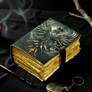 400 Page Large Grimoire leather journal, Print Phoenix Journal, Blank spell book book of shadows Leather Celestial Gifts For Mom Unique
