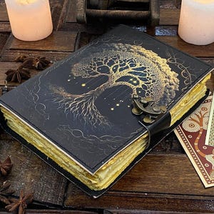 400 Page Large Grimoire leather journal, Print Tree of Life Journal, Blank spell book book of shadows Leather Celestial Gifts For Him Her