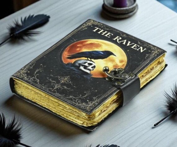 Leather Journal Gothic Notebook The Raven Grimoire Print - Vintage