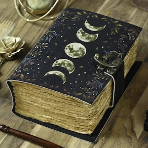 400 pagina&#39;s groot Grimoire Vintage lederen dagboek, maanfase handgemaakt vet dagboek, blanco spreukenboek van schaduwen Celestial Gifts For Him Her