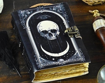 Crâne Grimoire Journal en cuir de 400 pages Livre des ombres de la sorcellerie | Grimoire wicca céleste, journal cadeau sorcière païenne gothique