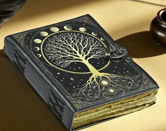 Celestial Tree of Life Leather Journal | Handmade Grimoire Spell Book, Antique Key Closure