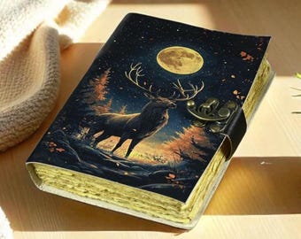 Deer Leather Grimoire Journal, Embossed Stag, Deckle Edge Paper Notebook, Witchcraft Spell Book