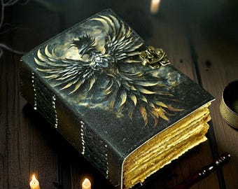Grimoire en cuir imprimé phénix, grand livre de sorts, journal céleste