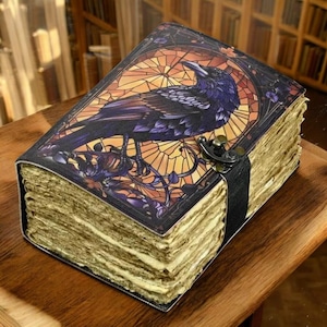 400 Page Large Grimoire Vintage leather journal, Raven Leather Journal, Blank spell book of shadows Celestial Gifts For Him Her