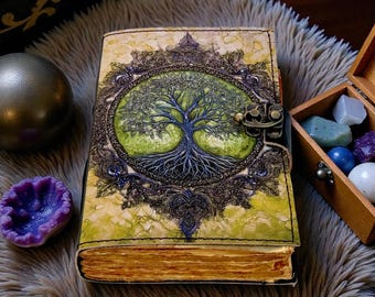 Tree of Life 400 Page Grimoire Vintage leather journal, Blank spell book of shadows |