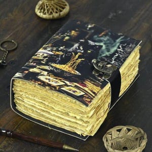 400 Page Large Grimoire leather journal, Printed Cat Journal, Blank spell book book of shadows Leather Celestial Gifts For Mom