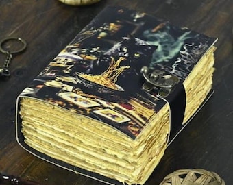 400 Page Grimoire Black Cat | Full Moon Leather Spell Book | Handmade Gothic Journal | Book of Shadows for Witches Halloween gifts