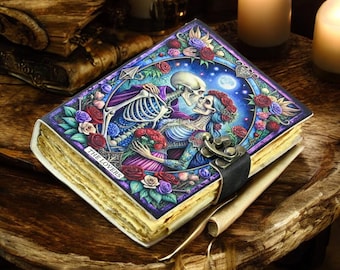 The Lovers Leather Grimoire Journal – 400 Page Witchcraft Book of Shadows | Celestial Wiccan Spellbook, Gothic Pagan Witchy Gift Diary,