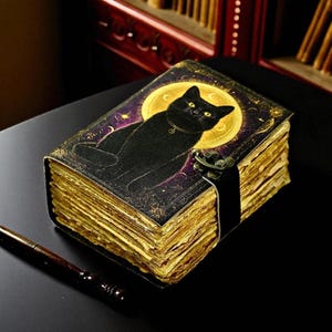 400 Page Large Grimoire leather journal, Printed Cat Journal, Blank spell book book of shadows Leather Celestial Gifts For Mom