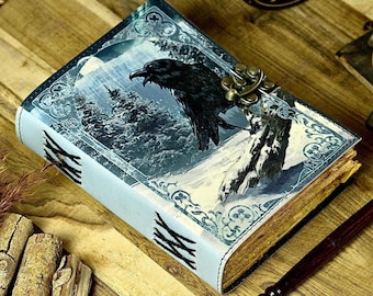 Handmade Raven Leather Grimoire Journal – Witchcraft Gothic Book of Shadows with Deckle Edge Paper