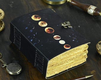 Moon Phase Leather Journal - Vintage Deckle Edge Paper grimoire Notebook Sketchbook