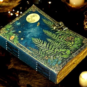 400 Page Large Grimoire leather journal • Moon And Tree Printed Blank spell book of shadows Gifts For women vintage journal.