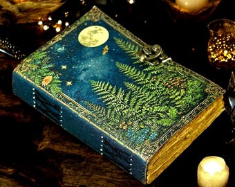 400 Page Large Grimoire leather journal • Moon And Tree Printed Blank spell book of shadows Gifts For women vintage journal.