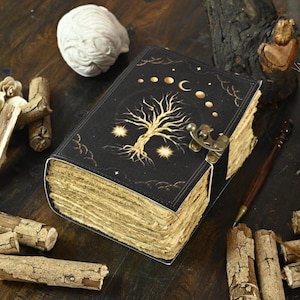 400 Page Large Grimoire leather journal, Print Tree of Life Journal, Blank spell book book of shadows Leather Celestial Gifts For Him Her