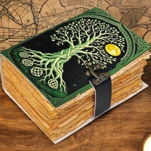 400 Page Large Grimoire leather journal, Print Tree of Life Journal, Blank spell book book of shadows Leather Celestial Gifts For Him Her
