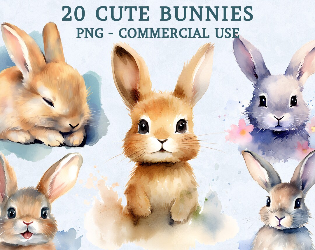 Watercolor Bunny Clipart PNG Bundle Cute Nursery Art Set Instant ...