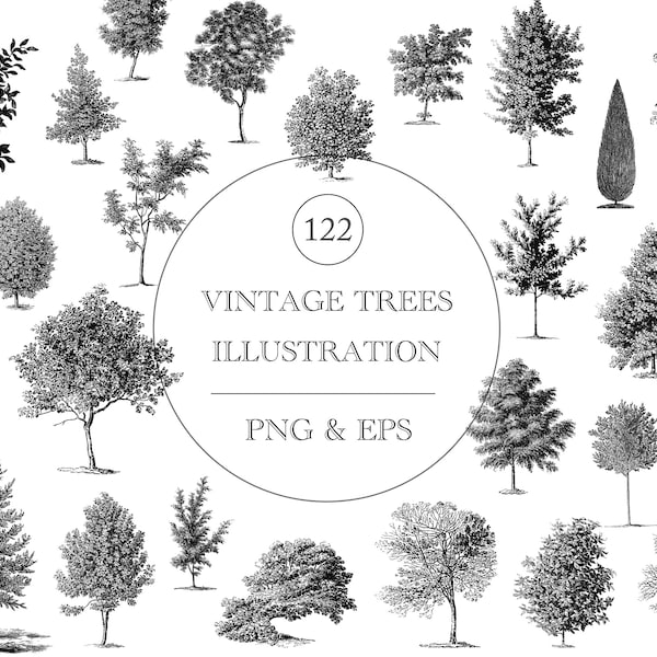 Vintage Trees Illustrations, Vintage Tree Clipart, Trees Digital Download, Clipart for Sublimation, Scrapbooking, Collages, Commercial Use