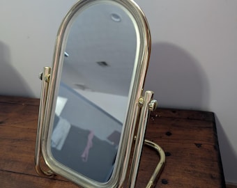 Vintage Brass Tone Adjustable Brass Tone Oval Vanity Mirror | Makeup Table Mirror | Metal Tilting Mirror | Mid Century Modern